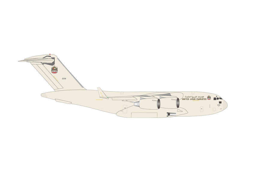 Herpa United Arab Emirates Air Force Boeing C-17A Globemaster III - 15th Strategic Airlift Squadron, Abu Dhabi / Zayed International - desert color scheme – 1228 1/500 Aircraft Scale Model