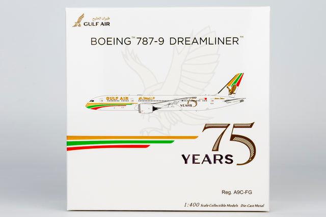 NG Models Gulf Air Boeing 787-9 Dreamliner A9C-FG (1976 retro cs, "75 Years" sticker) 1/400 Aircraft Scale Model