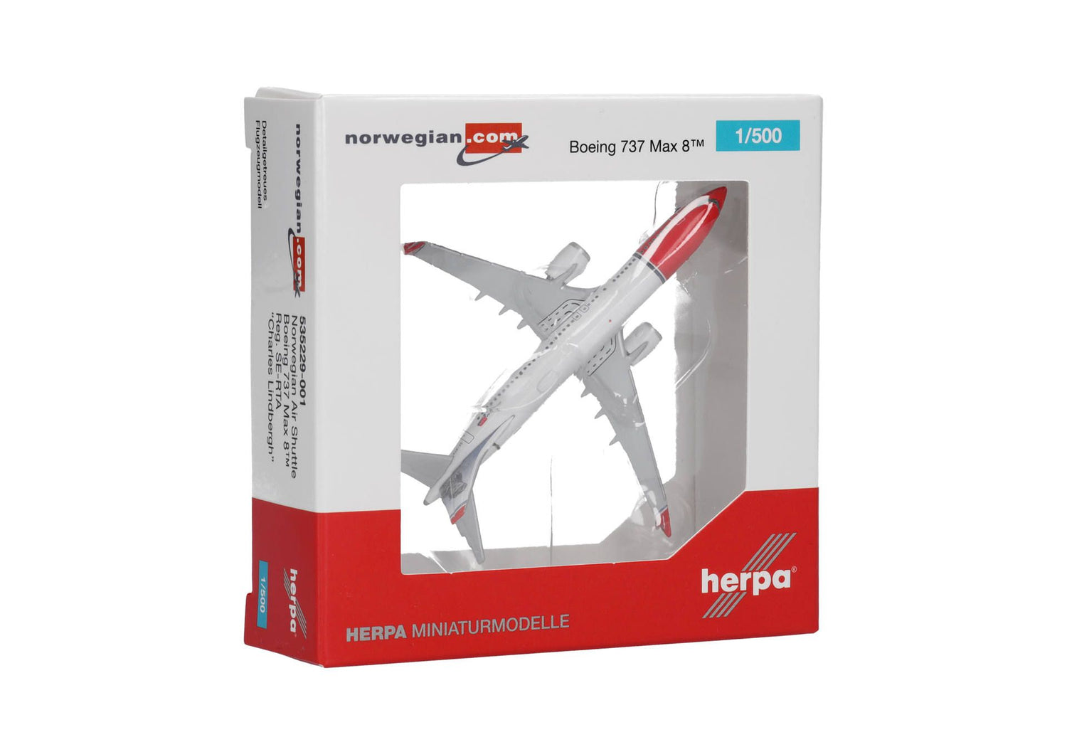 Herpa Norwegian Air Shuttle Boeing 737 Max 8 - SE-RTA "Charles Lindbergh" 1/500 Aircraft Scale Model