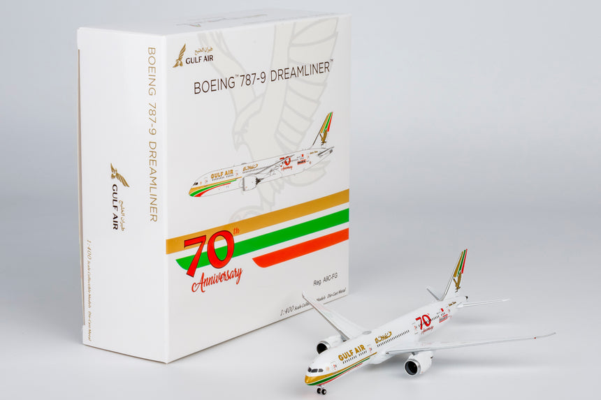 NG Models Gulf Air Boeing 787-9 Dreamliner A9C-FG (1976 retro cs, "70 Years" sticker) 1/400 Aircraft Scale Model
