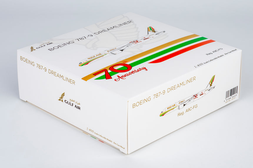 NG Models Gulf Air Boeing 787-9 Dreamliner A9C-FG (1976 retro cs, "70 Years" sticker) 1/400 Aircraft Scale Model
