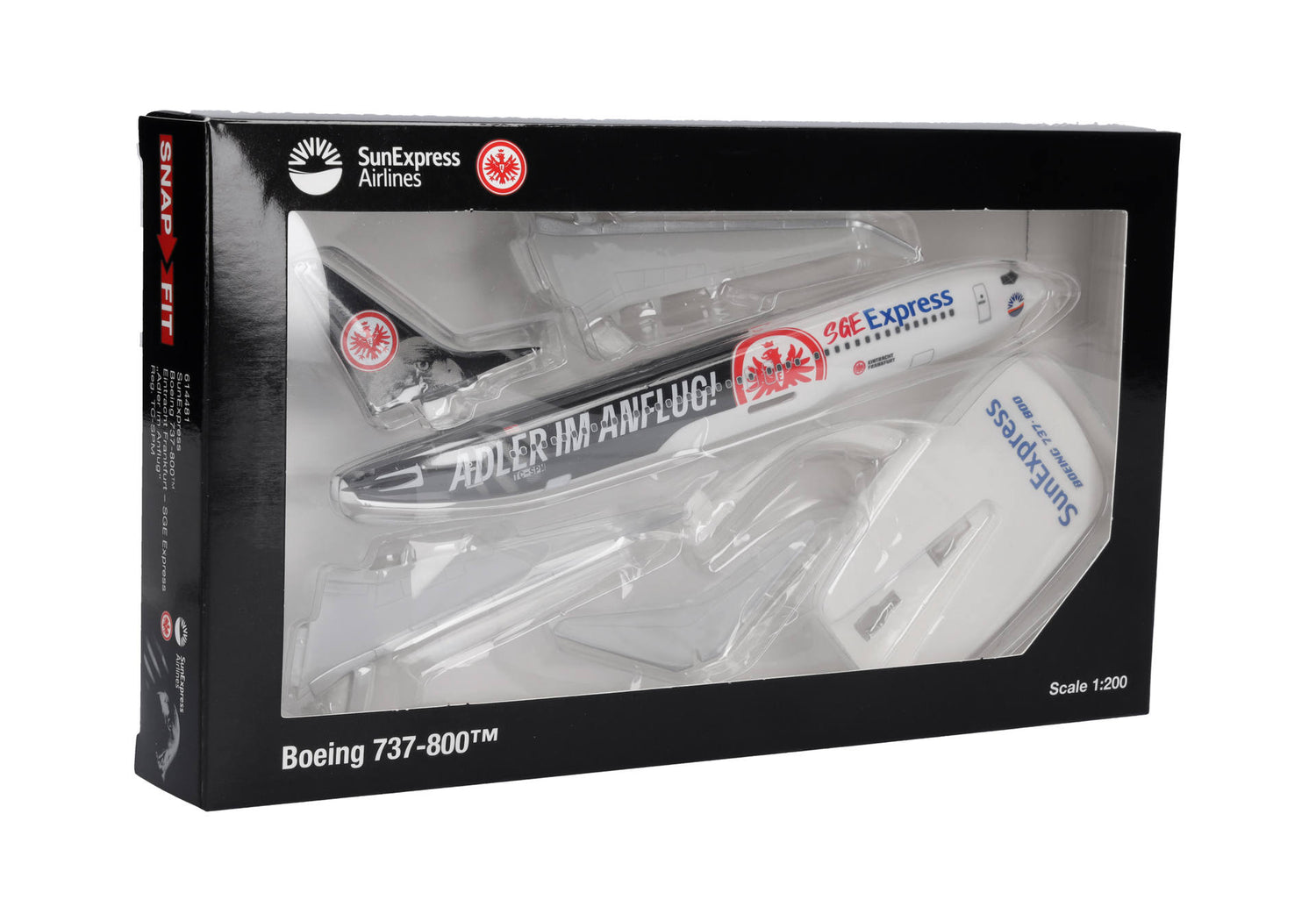 Herpa Snap Fit Sun Express Boeing 737-800 "Eintracht Frankfurt - SGE Express - "Eagle in Flight" – TC-SPM 1/200 Aircraft Scale Model