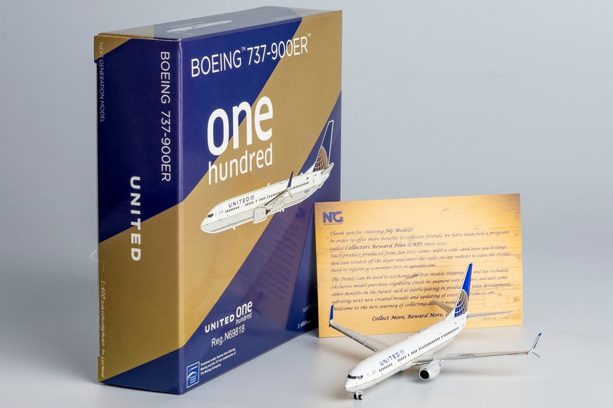 NG Models United Airlines Boeing 737-900ER/w N69818 CO-UA merged livery; with scimitar winglets; with one hundred title 1/400 Scale