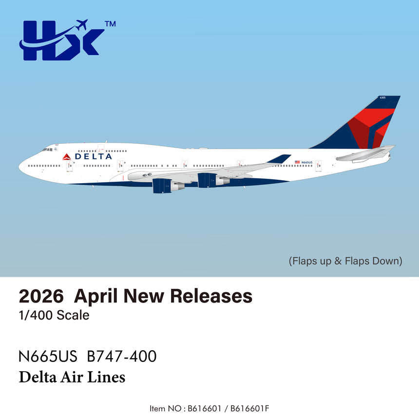 HX Models Delta Air Lines Boeing B747-400 N665US "Flaps Down" 1/400 Aircraft Scale Model