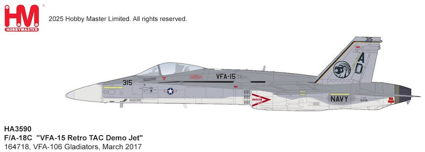Hobby Master F/A-18C Hornet US Navy "VFA-15 Retro TAC Demo Jet" 164718, VFA-106 Gladiators, March 2017 1/72 Scale